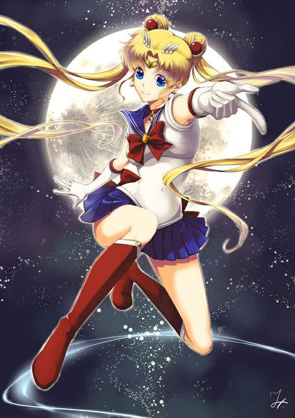 Anime picture 707x1000 with bishoujo senshi sailor moon toei animation tsukino usagi sailor moon jh single tall image looking at viewer blue eyes blonde hair twintails very long hair hair bun (hair buns) girl skirt gloves hair ornament miniskirt boots white gloves