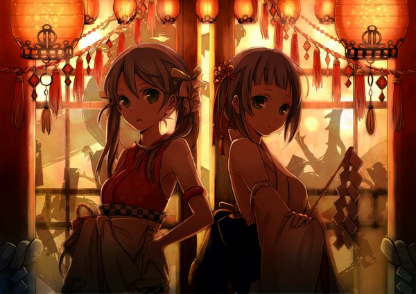 Anime picture 1600x1131 with original yuzuki kihiro short hair twintails bare shoulders multiple girls traditional clothes parted lips japanese clothes hand on hip crossed arms back to back girl bow 2 girls hair bow detached sleeves lantern shrine