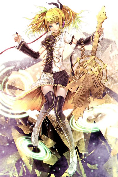Anime picture 600x901 with vocaloid meltdown (vocaloid) kagamine rin kagamine rin (meltdown) applekun single long hair tall image fringe blue eyes blonde hair smile twintails holding bent knee (knees) nail polish glow knees touching girl thighhighs