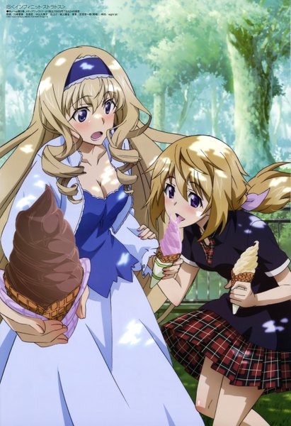 Anime picture 4065x5925 with infinite stratos megami magazine 8bit charles dunois cecilia orcott long hair tall image blush highres blue eyes blonde hair purple eyes multiple girls absurdres official art licking girl 2 girls food sweets
