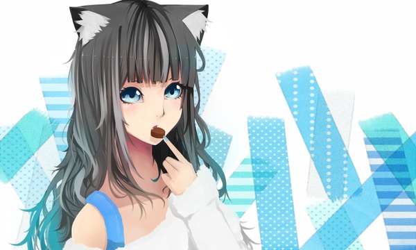 Anime picture 1500x900 with original akuan single long hair looking at viewer blush open mouth blue eyes wide image animal ears nail polish grey hair cat ears teeth fang (fangs) finger to mouth wavy hair girl food sweater
