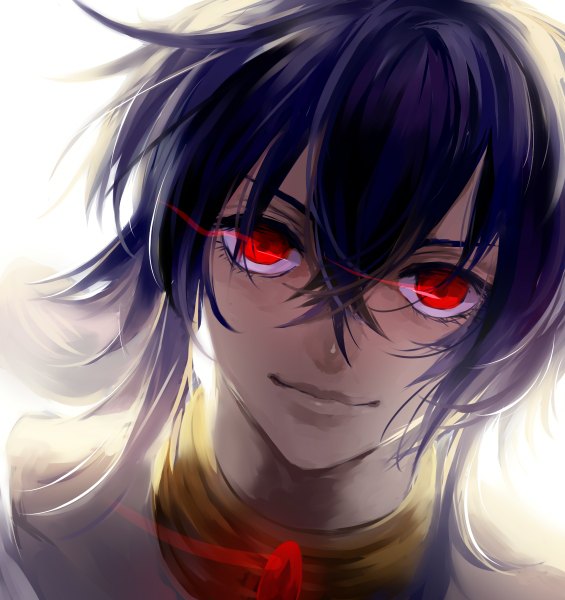 Anime picture 1130x1200 with magi the labyrinth of magic a-1 pictures judal g.g.lemon single long hair tall image looking at viewer red eyes blue hair light smile glowing glowing eye (eyes) boy choker