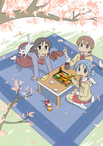 Anime picture 2480x3508 with nichijou kyoto animation naganohara mio aioi yuuko minakami mai long hair tall image looking at viewer highres short hair open mouth blue eyes brown hair sitting twintails multiple girls blue hair no shoes wariza short twintails