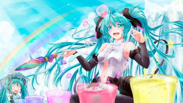 Anime picture 1920x1080 with vocaloid vocaloid append hatsune miku hatsune miku (append) tsukineko highres open mouth wide image twintails very long hair aqua eyes aqua hair closed umbrella girl navel hair ornament detached sleeves umbrella rainbow