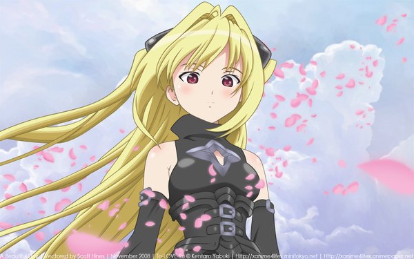 Anime picture 1440x900 with toloveru toloveru darkness xebec konjiki no yami long hair blonde hair red eyes wide image bare shoulders wind inscription girl hair ornament