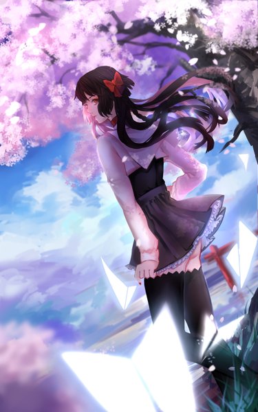 Anime picture 1771x2834 with original recentia single long hair tall image looking at viewer fringe highres light erotic black hair red eyes standing pink hair sky cloud (clouds) bent knee (knees) nail polish looking back multicolored hair wind