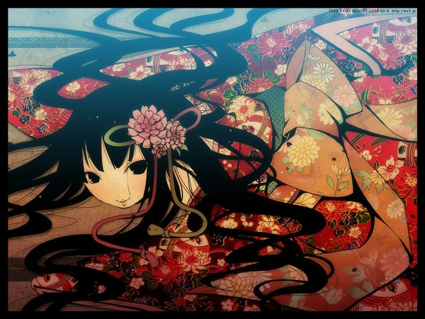 Anime picture 1024x768 with original pd-x single long hair black hair smile lying japanese clothes black eyes girl bow kimono