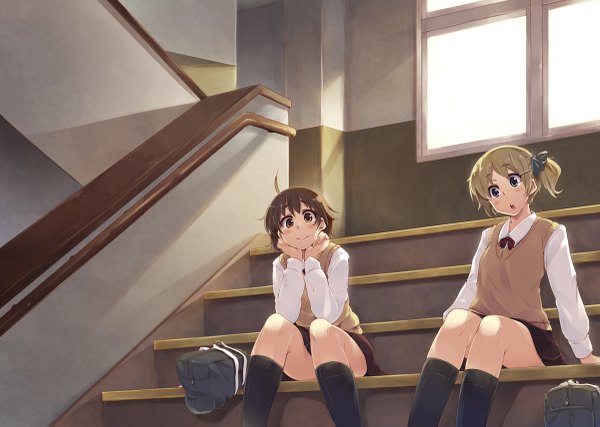 Anime picture 1200x855 with original soine blush short hair open mouth blue eyes blonde hair brown hair sitting multiple girls brown eyes girl uniform 2 girls school uniform socks black socks school bag stairs