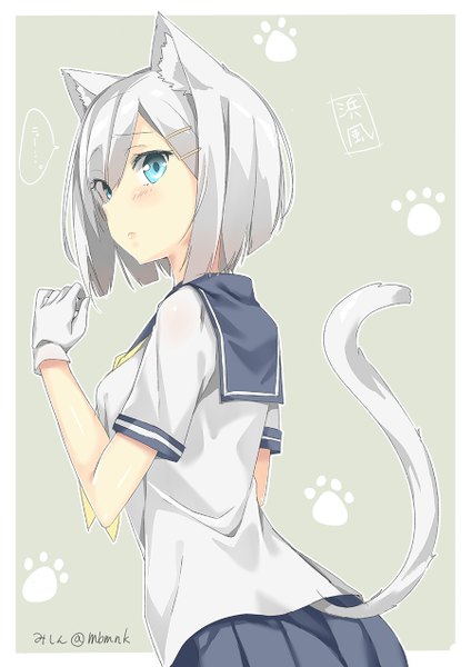 Anime picture 900x1272 with kantai collection hamakaze destroyer nishimi shin single tall image looking at viewer fringe short hair blue eyes standing animal ears silver hair tail animal tail pleated skirt cat ears cat girl cat tail border outside border