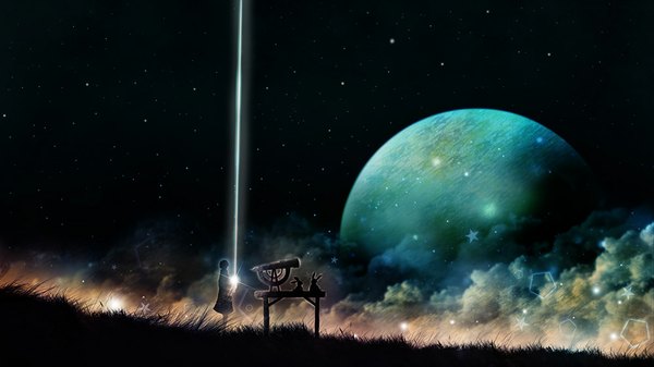 Anime picture 1000x563 with original harada miyuki single short hair wide image standing looking away cloud (clouds) night night sky light looking up glow girl plant (plants) animal star (symbol) star (stars) grass table