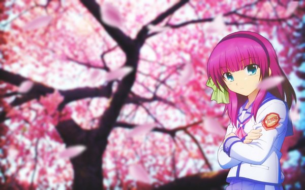 Anime picture 1024x640 with angel beats! key (studio) nakamura yuri single long hair looking at viewer pink hair aqua eyes cherry blossoms crossed arms girl uniform ribbon (ribbons) plant (plants) hair ribbon petals tree (trees) serafuku hairband