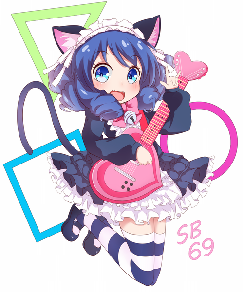 Anime picture 1225x1466 with show by rock!! studio bones cyan (show by rock!!) strawberry heart cupen single tall image looking at viewer blush fringe short hair open mouth blue eyes white background holding animal ears blue hair bent knee (knees) tail long sleeves