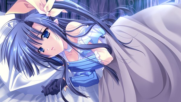 Anime picture 1024x576 with hanasaku otome to koi no grimoire long hair blue eyes black hair wide image game cg lying one side up girl