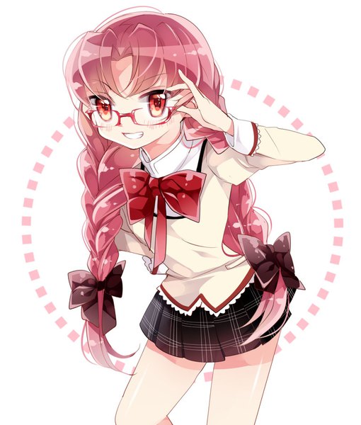 Anime picture 800x941 with mahou shoujo madoka magica shaft (studio) sakura kyouko ayumaru (art of life) single long hair tall image blush simple background smile red eyes white background red hair braid (braids) leaning leaning forward hand on hip twin braids cosplay adjusting glasses
