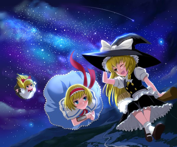 Anime picture 1300x1083 with touhou kirisame marisa alice margatroid shanghai blonde hair witch girl skirt star (stars) witch hat skirt set broom