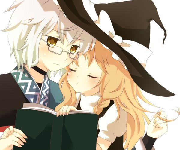 Anime picture 1000x833 with touhou kirisame marisa morichika rinnosuke purin jiisan long hair blush short hair blonde hair simple background white background yellow eyes white hair eyes closed almost kiss girl boy glasses book (books) witch hat