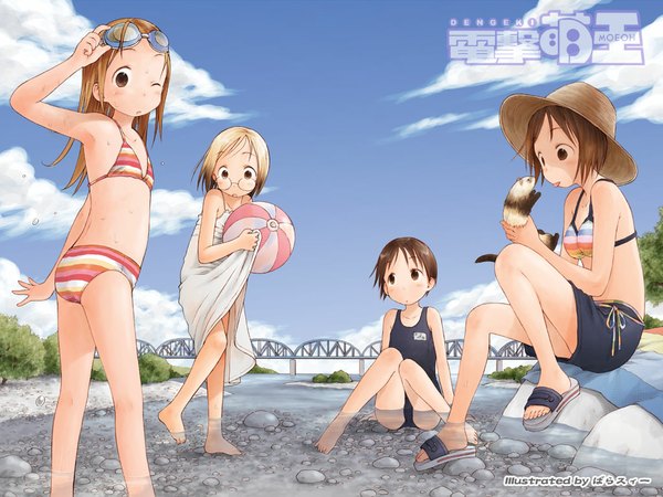 Anime picture 1024x768 with ichigo mashimaro dengeki moeou matsuoka miu itou chika sakuragi matsuri itou nobue john (ichigo mashimaro) barasui long hair looking at viewer short hair blonde hair brown hair multiple girls brown eyes cloud (clouds) one eye closed barefoot wink river