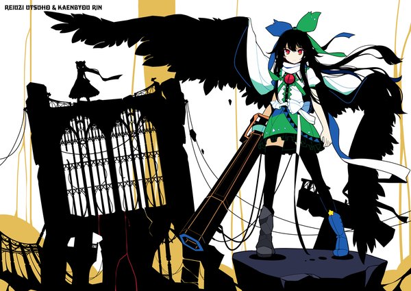 Anime picture 1568x1111 with touhou reiuji utsuho kaenbyou rin ideolo long hair looking at viewer black hair red eyes multiple girls signed wind black wings silhouette arm cannon girl thighhighs bow weapon black thighhighs 2 girls