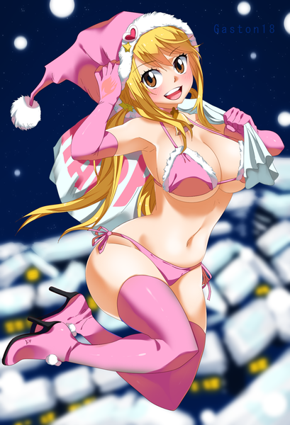 Anime picture 1226x1800 with fairy tail lucy heartfilia tongasart single long hair tall image looking at viewer blush breasts open mouth light erotic blonde hair smile large breasts twintails bare shoulders brown eyes bent knee (knees) :d blurry