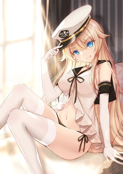 Anime picture 800x1131 with warship girls r enterprise (warship girls r) bison cangshu single long hair tall image looking at viewer fringe breasts blue eyes light erotic blonde hair hair between eyes sitting bent knee (knees) head tilt sunlight arm support bare belly grin