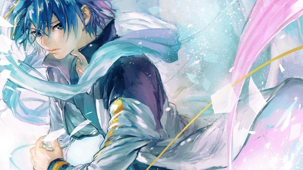 Anime picture 1600x900 with vocaloid kaito (vocaloid) single short hair blue eyes wide image blue hair lips boy scarf