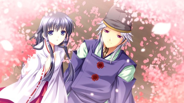 Anime picture 1024x576 with fortuna rhapsody long hair blue eyes black hair wide image game cg white hair traditional clothes pink eyes cherry blossoms miko girl boy petals