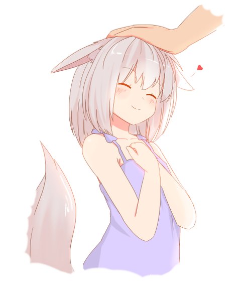 Anime picture 1000x1250 with original nao (ritsancrossover) tall image blush fringe short hair simple background smile white background animal ears silver hair upper body tail eyes closed animal tail sleeveless hand on chest solo focus ^ ^ head out of frame