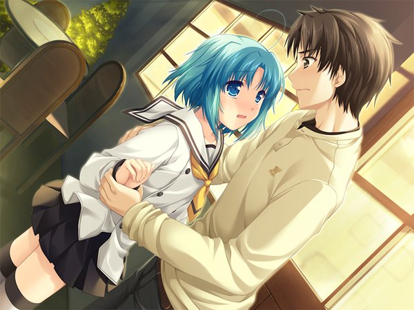 Anime picture 1024x768 with w. l. o. sekai ren'ai kikou ina (w.l.o. sekai ren'ai kikou) short hair blue eyes black hair blue hair game cg black eyes loli couple girl boy serafuku