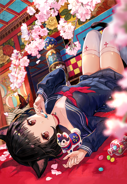 Anime picture 625x902 with original fuzichoco single tall image looking at viewer short hair black hair red eyes animal ears tail animal tail cat ears cat girl cat tail cherry blossoms girl thighhighs skirt uniform flower (flowers)