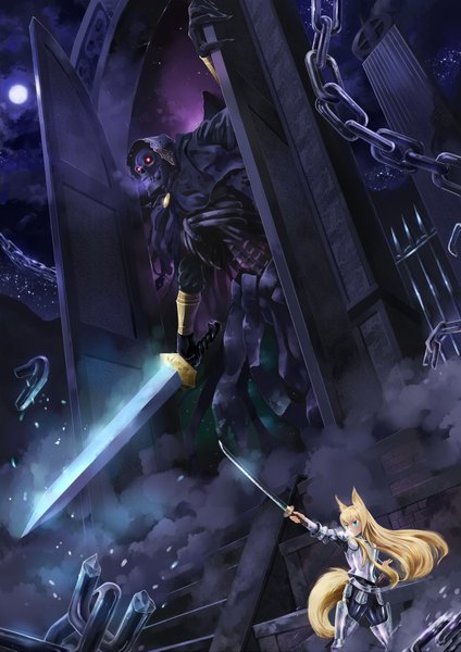 Anime picture 1336x1889 with original ryouku long hair tall image blue eyes blonde hair cloud (clouds) fox ears fox tail fox girl skeleton girl weapon sword armor moon chain
