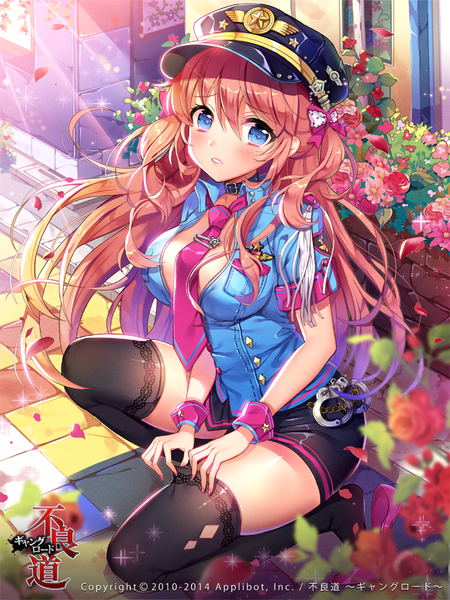 Anime picture 640x853 with furyou michi ~gang road~ yeonwa single long hair tall image blush fringe light erotic sitting twintails pink hair bent knee (knees) nail polish sunlight squat checkered floor sunbeam partially open clothes floor girl