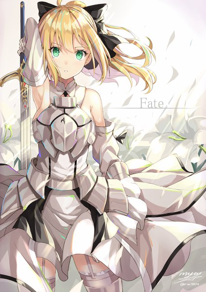 Anime picture 867x1227 with fate (series) fate/stay night fate/unlimited codes artoria pendragon (all) saber saber lily rin yuu single long hair tall image looking at viewer fringe blonde hair green eyes signed ponytail inscription floral background girl thighhighs
