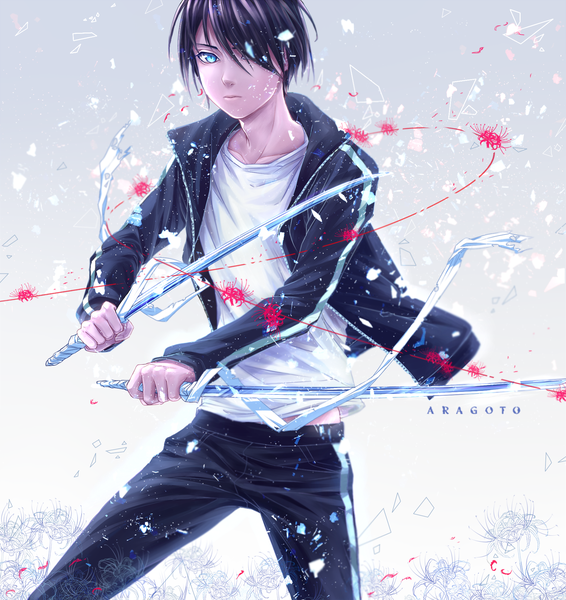 Anime picture 1795x1900 with noragami studio bones yato (noragami) tama0107 single tall image looking at viewer fringe highres short hair blue eyes simple background holding purple hair lips hair over one eye open jacket copyright name eyebrows fighting stance
