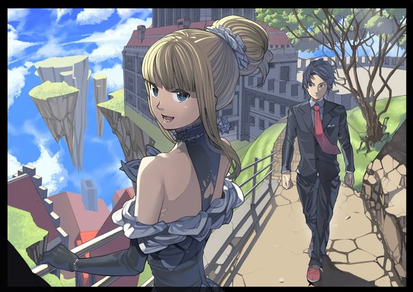 Anime picture 2000x1414 with original highres short hair blue eyes black hair blonde hair brown eyes sky dress gloves ribbon (ribbons) plant (plants) tree (trees) suit