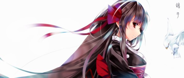 Anime picture 1800x765 with original iron (huyiyang) single long hair highres black hair simple background red eyes wide image white background profile girl dress bow hair bow animal bird (birds)