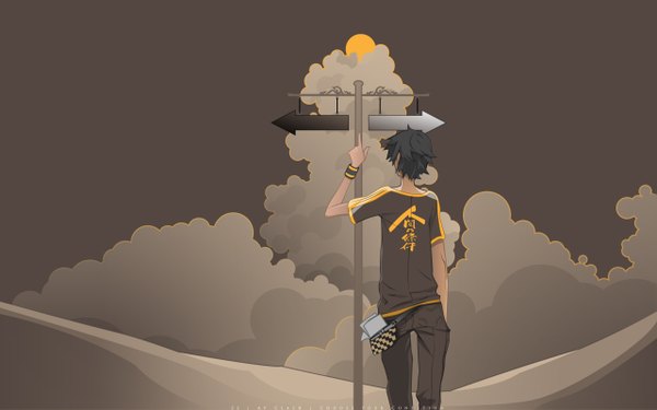 Anime picture 2560x1600 with miwa shirow highres black hair wide image cloud (clouds) from behind vector boy directional arrow