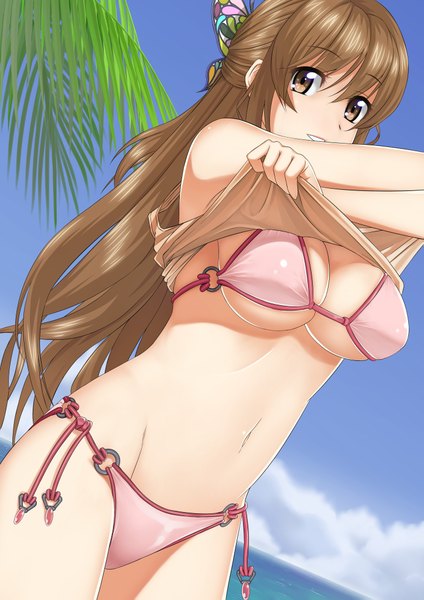 Anime picture 1447x2047 with original oxxo (dlengur) single long hair tall image looking at viewer breasts light erotic brown hair large breasts bare shoulders brown eyes cloud (clouds) undressing girl navel swimsuit bikini
