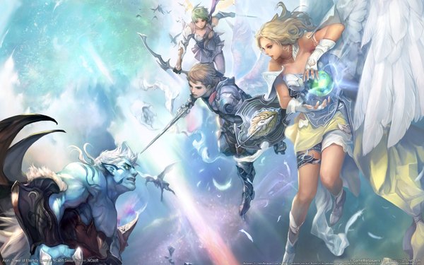 Anime picture 1680x1050 with aion long hair short hair blonde hair wide image cloud (clouds) pointy ears sunlight magic group angel wings weightlessness battle blue skin weapon sword boots armor feather (feathers) bow (weapon)