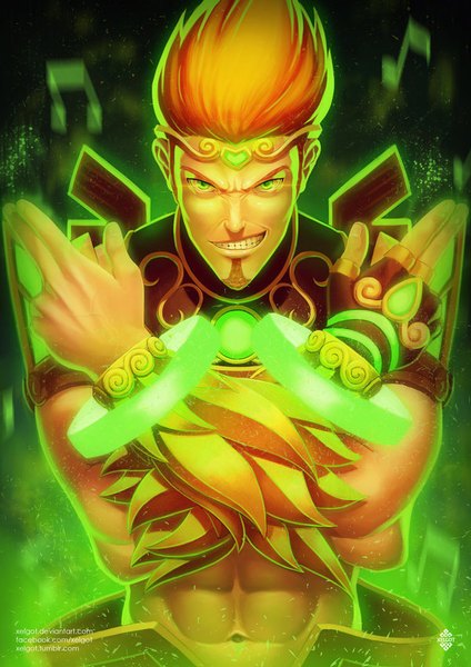 Anime picture 600x849 with smite (game) apollo (smite) xelgot single tall image looking at viewer short hair smile green eyes signed orange hair grin glowing crossed arms muscle smirk boy gloves navel bracelet