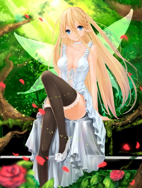 Anime picture 898x1191 with original dre single long hair tall image looking at viewer fringe breasts blue eyes light erotic blonde hair smile hair between eyes sitting braid (braids) pointy ears sunlight high heels elf insect wings