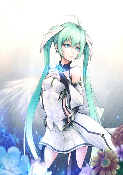 Anime picture 578x818 with vocaloid hatsune miku kyoeiki single tall image looking at viewer fringe breasts blue eyes standing twintails bare shoulders ahoge long sleeves very long hair pleated skirt aqua eyes aqua hair wide sleeves glowing
