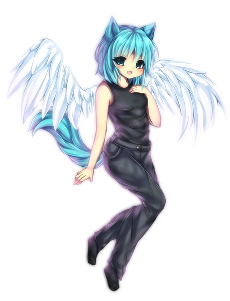 Anime picture 1300x1703 with midna01 single tall image looking at viewer blush fringe short hair open mouth blue eyes simple background smile white background animal ears blue hair tail animal tail white wings girl wings t-shirt