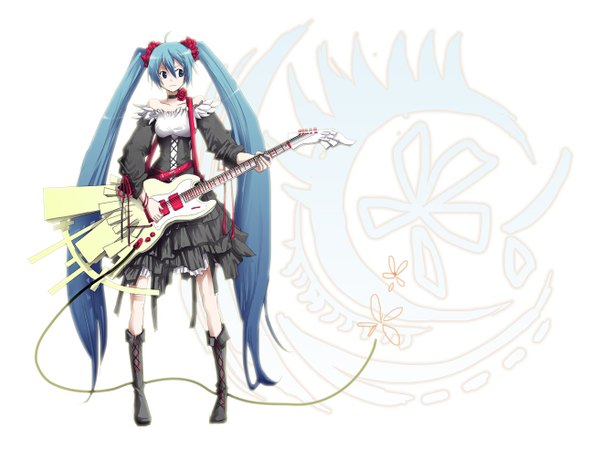 Anime picture 1314x984 with vocaloid hatsune miku single blue eyes twintails blue hair very long hair girl dress boots collar knee boots musical instrument wire (wires) guitar