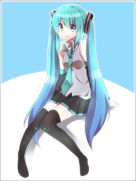 Anime picture 768x1024 with vocaloid hatsune miku sakura hazuki single tall image looking at viewer simple background smile white background sitting twintails bare shoulders very long hair aqua eyes aqua hair no shoes blue background framed girl thighhighs