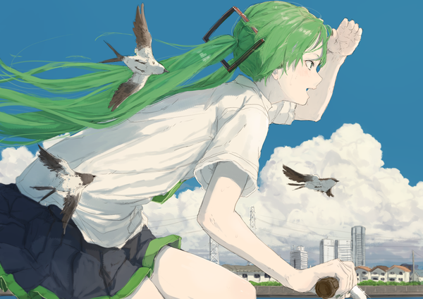 Anime picture 1508x1066 with vocaloid hatsune miku yushika long hair fringe open mouth hair between eyes twintails green eyes looking away sky cloud (clouds) :d profile green hair leaning leaning forward salute girl uniform