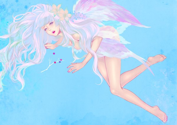 Anime picture 1403x992 with zizi single long hair looking at viewer blush open mouth light erotic blonde hair simple background bare shoulders signed pink hair nail polish pink eyes barefoot hair flower nude mouth hold blue background soles
