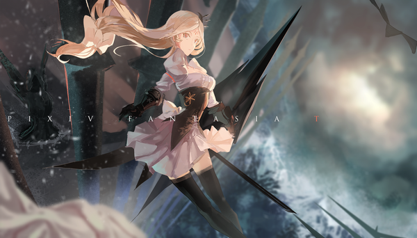 Anime picture 1600x913 with original pixiv fantasia pixiv fantasia t hkj0230 (cc) single long hair looking at viewer blonde hair wide image brown eyes cloud (clouds) from above snowing snow mountain exhalation fog cold girl thighhighs