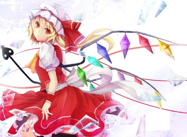 Anime picture 1200x880 with touhou flandre scarlet wakame mi single looking at viewer short hair blonde hair red eyes girl dress skirt weapon wings bonnet skirt set crystal laevatein (touhou)
