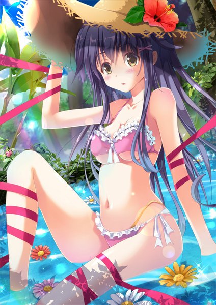 Anime picture 650x919 with original moe2014 takanashi haruto single long hair tall image blush light erotic yellow eyes purple hair bent knee (knees) parted lips sunlight embarrassed girl navel flower (flowers) ribbon (ribbons) swimsuit plant (plants)