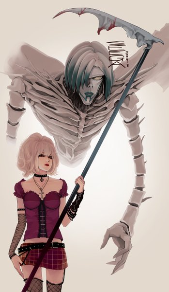 Anime picture 1500x2575 with death note madhouse amane misa rem (death note) single tall image fringe short hair blonde hair yellow eyes lips hair over one eye girl thighhighs skirt detached sleeves earrings miniskirt bracelet belt